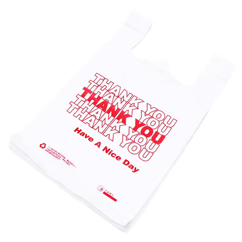 Factory wholesale customized reusable thank you plastic t-shirt bag supermarket PE plastic tote bag